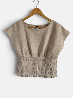 NWT Old Navy Beige Linen Smocked Waist Crop Top Medium